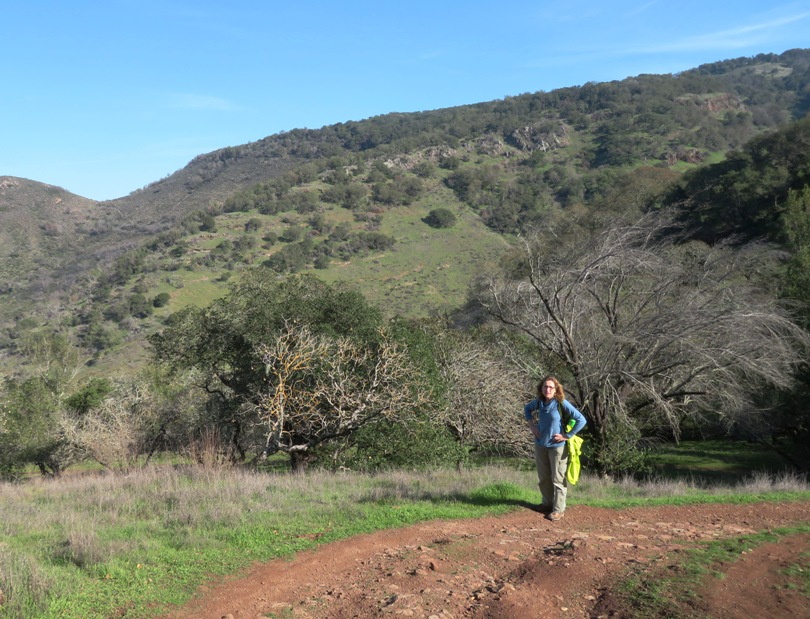 Norma with sparse trees and mountains behind