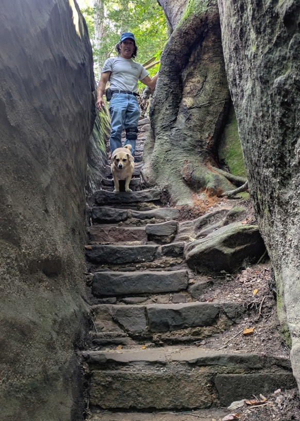 Daphne and I at the top of the stone stairs, walking down