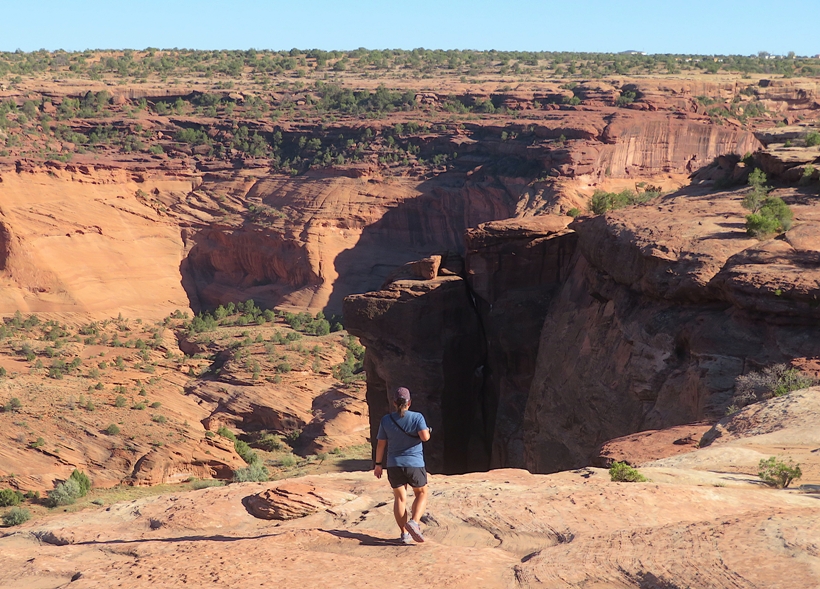 Robin with canyon in front of her