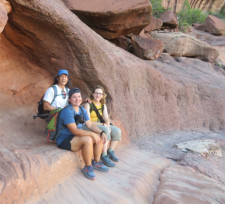 Robin, Norma, and me at bench in canyon wall