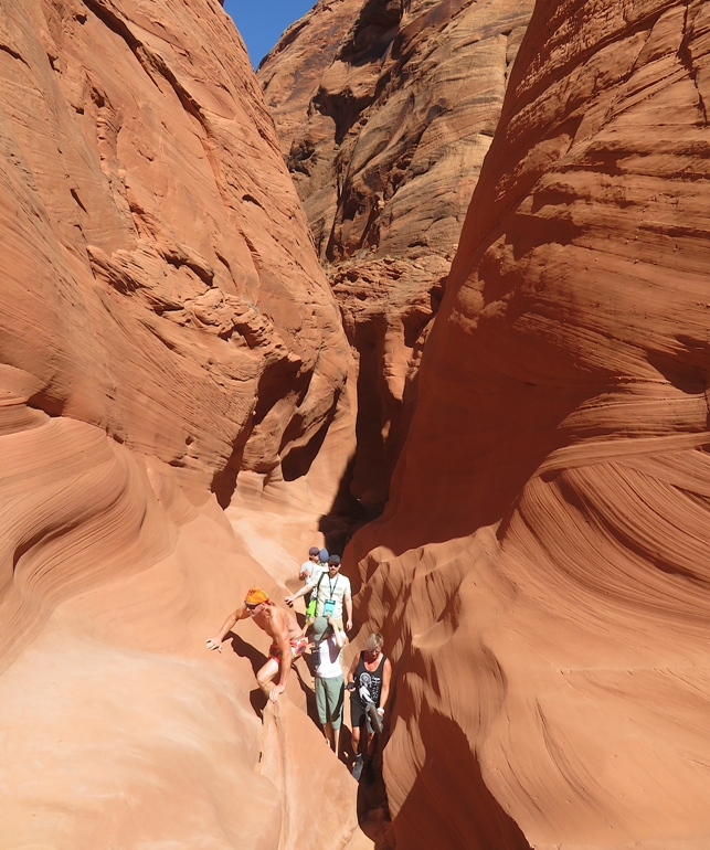 People getting through narrow section of the canyon