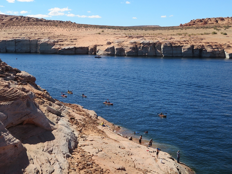 High view of kayakers paddling on Lake Powell