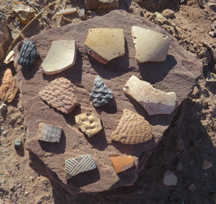 12 pieces of broken pottery displaying different colors and textures