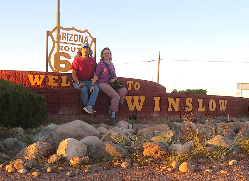 Norma and I at the 'Welcome to Winslow' sign