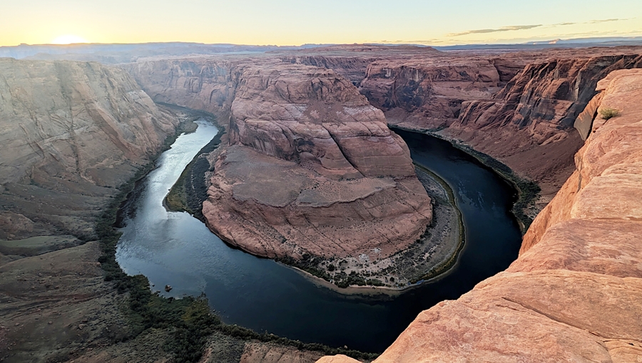 View of the horseshoe shape of the Colorado River, 1,000 feet below