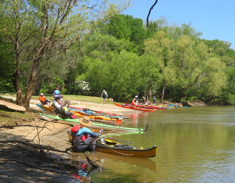 Kayakers on the shore eating lunch