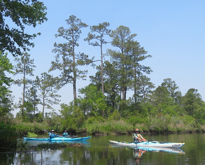George kayaking with two kayakers behind him