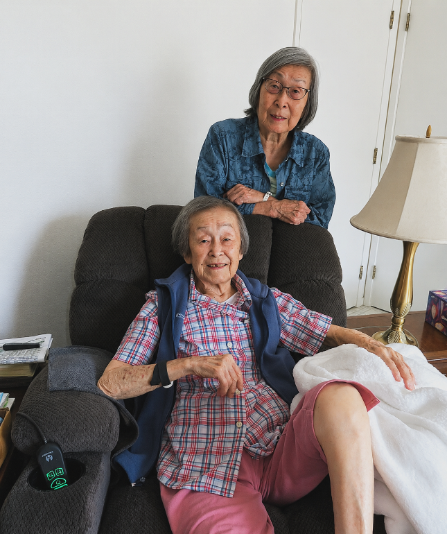 Mom standing and Aunt Kay in chair