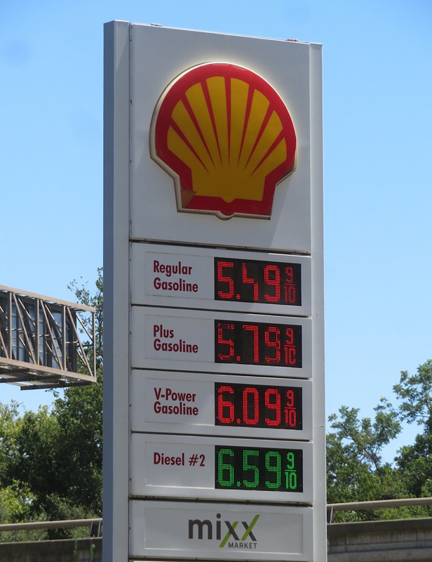 Shell gas station showing $5.49 for a gallon of regular