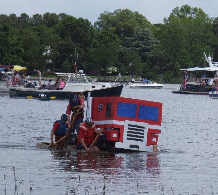 Raft resembling red semi truck
