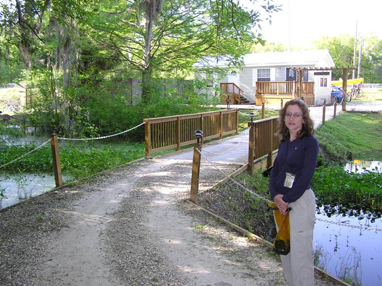 Norma, bridge, and our cabin