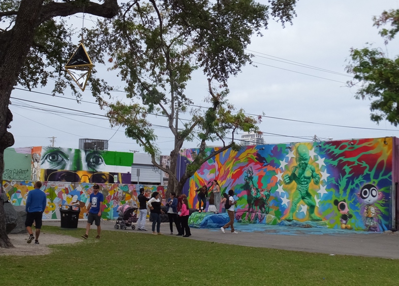 Zoomed out view of people with graffiti behind