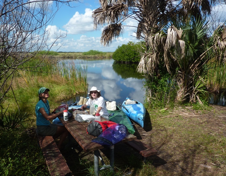 Norma and Carmen eating lunch on the shore