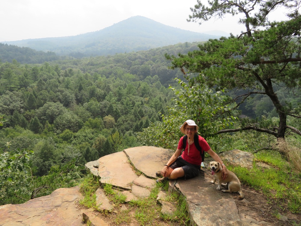 Norma and Daphne at overlook with mountain in the distance