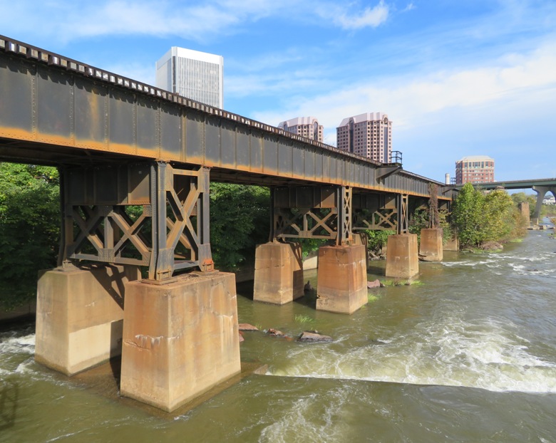 Railroad bridge over the fast-moving James River