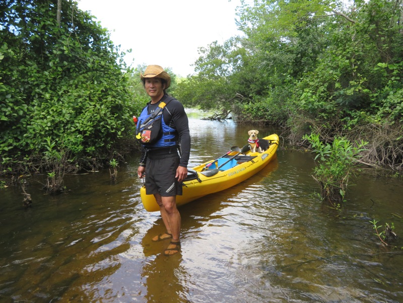 Me pulling the kayak with Daphne on it through narrow, tree-lined waterway