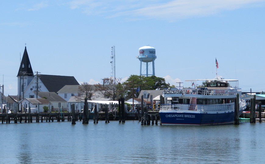 Church, radio tower, water tower, and cruise boat