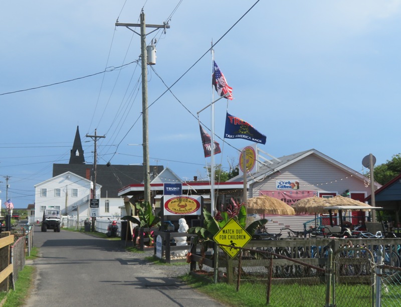 Ice cream shack with Trump sign and flags