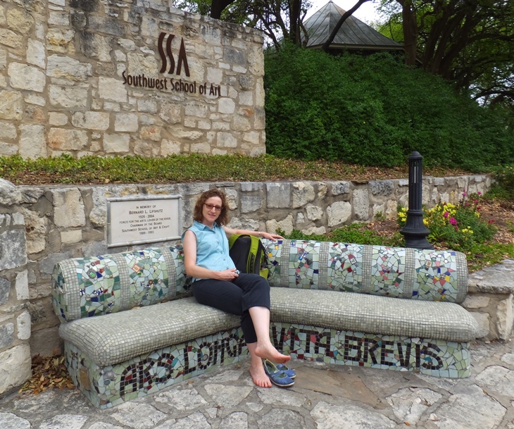Norma sitting on mosaic bench