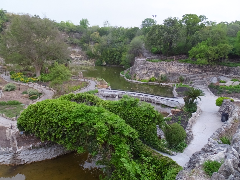 High-up view of paths and water