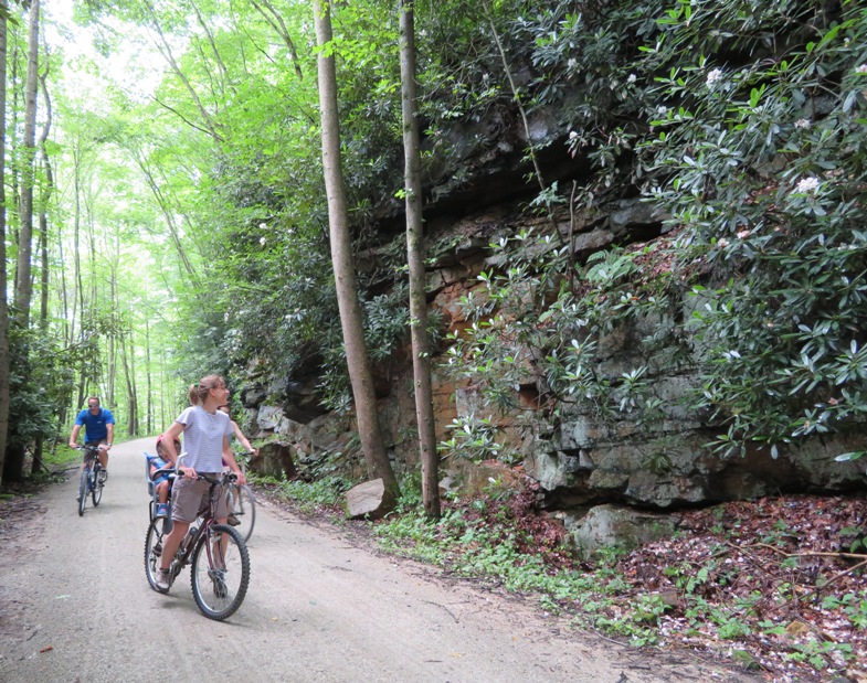 Joyce looking at rocky wall from bicycle