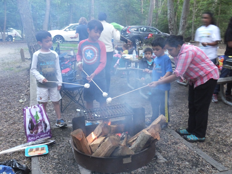 Roasting marshmallows on sticks around the campfire