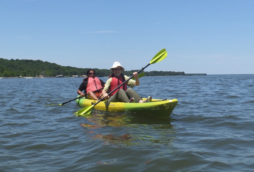 Norma and Malar in a tandem kayak