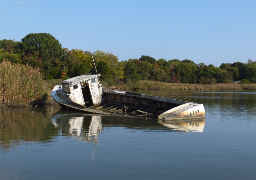 Partially-sunken fishing boat near the shore