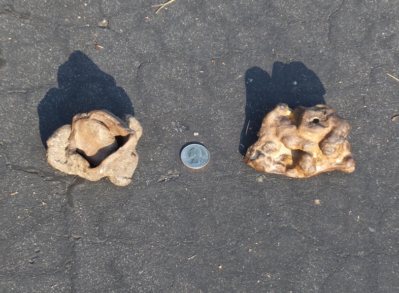 Clay cylinder on the left, a quarter in the middle (for size comparison), and melted rock on the right