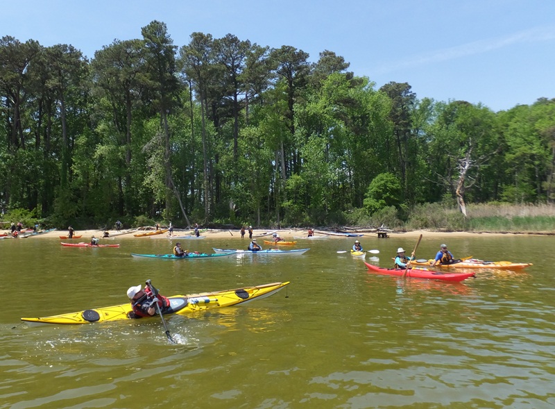 Kayakers done with lunch, ready to continue paddling