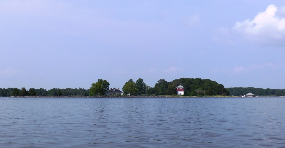 A red and white structure on Cherry Island