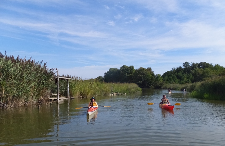 Old duck blind converted to a sitting area with kayakers nearby