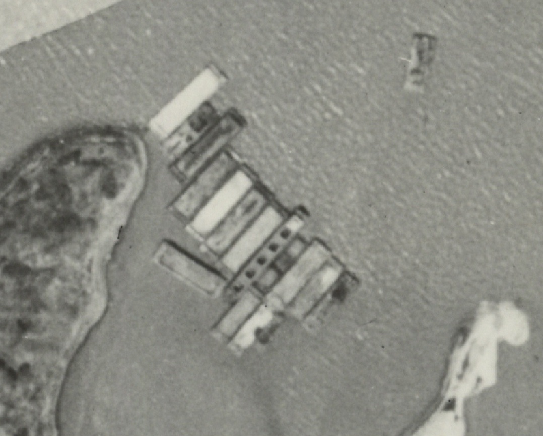 1948 overhead view of rectangular objects in water