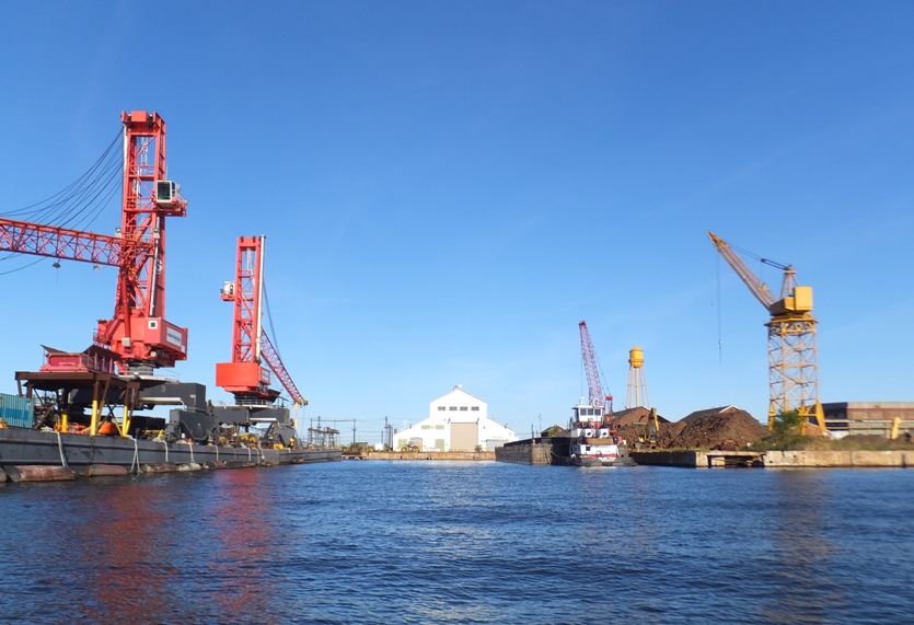 Various cranes by the water