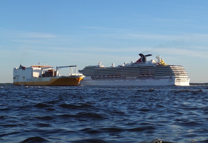 Freight ship on left, cruise ship on right