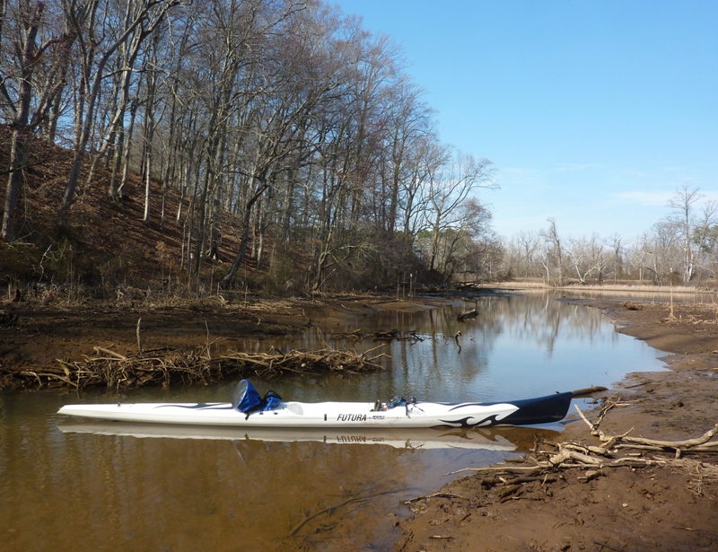 My surfski next to a broken beaver dam