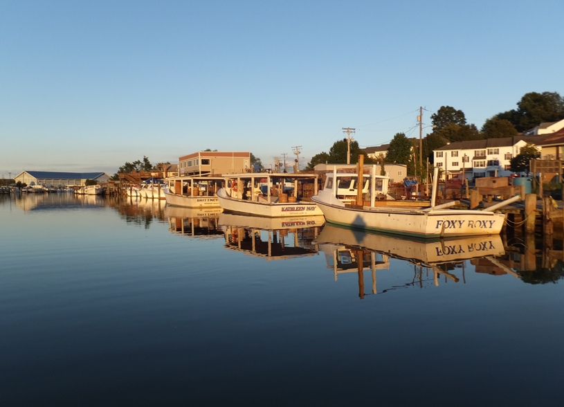 Docked fishing boats in low light