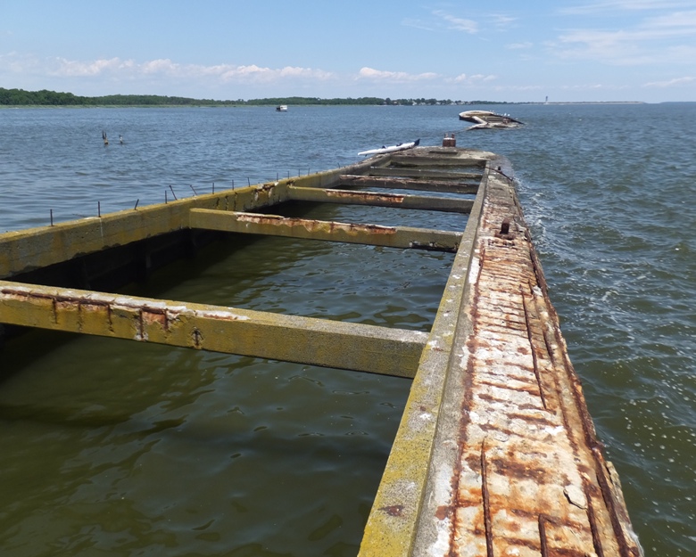 View of the top of a barge looking aft with my surf ski perched
