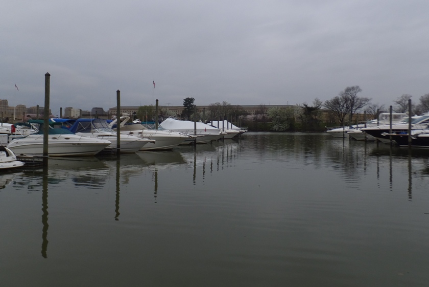 Pentagon in the distance with moored boats in the foreground