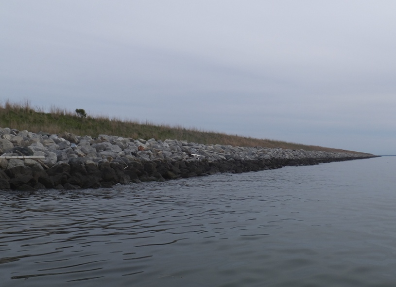 Rip-rap-lined west side of island