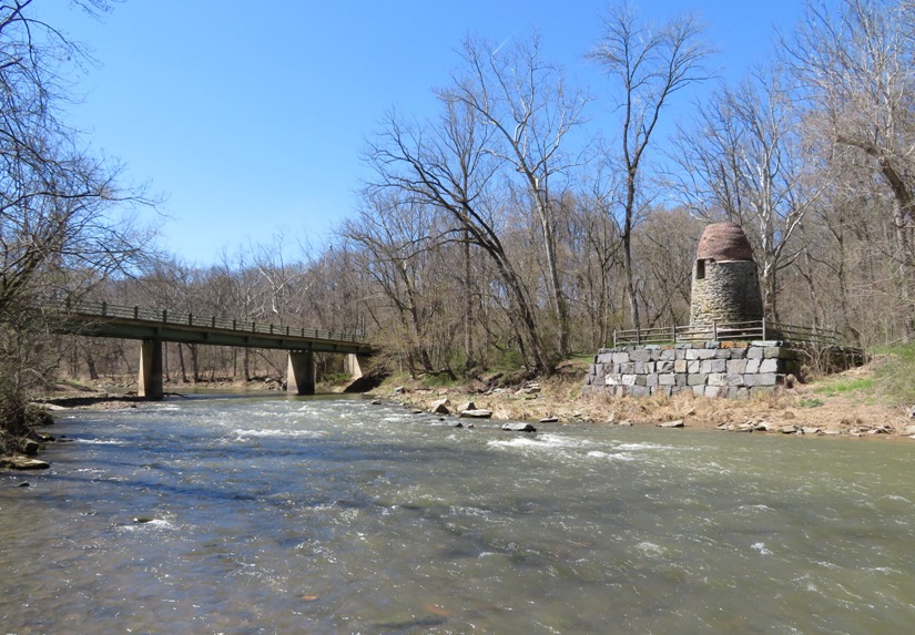 Riffles on Deer Creek, bridge, and stone furnace