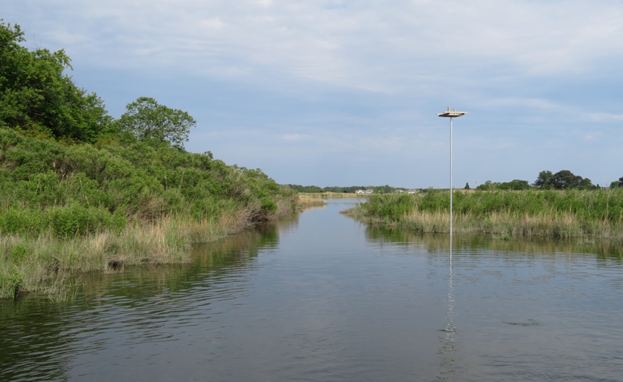 Narrowing waterway and osprey platform on pole