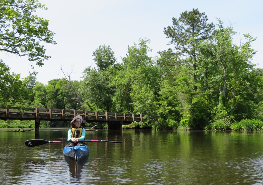 Norma in kayak with the Kingston Road Bridge behind