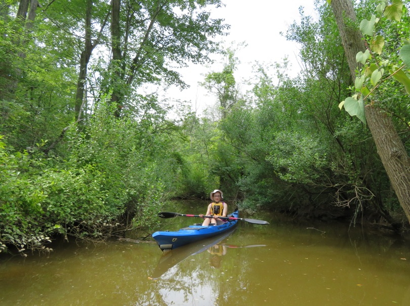 Norma in kayak, surrounded by greenery