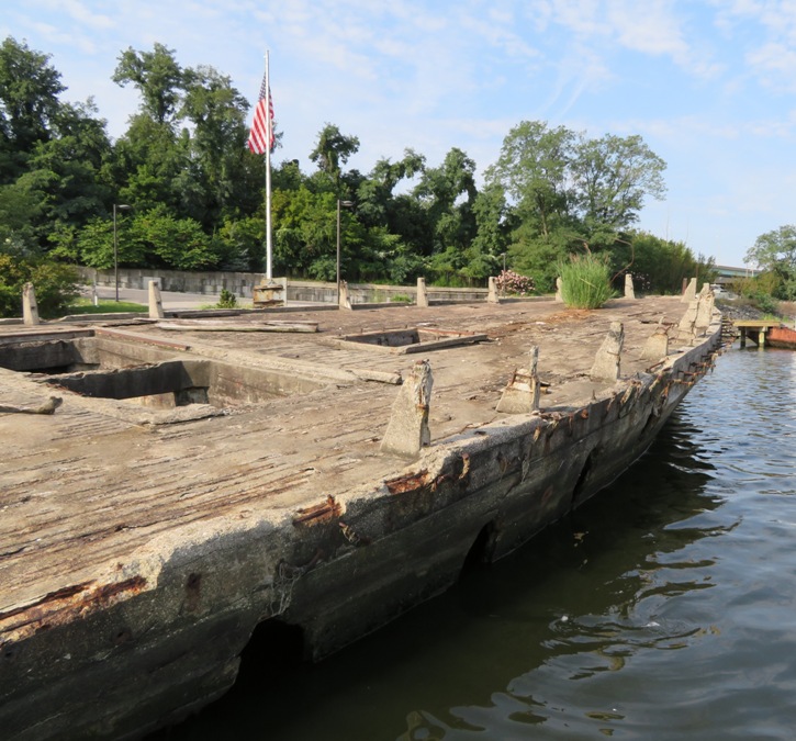 Concrete boat with flag behind