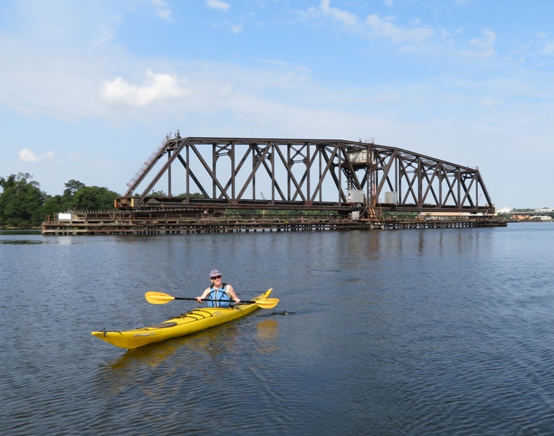 Sara in front of rotating train bridge