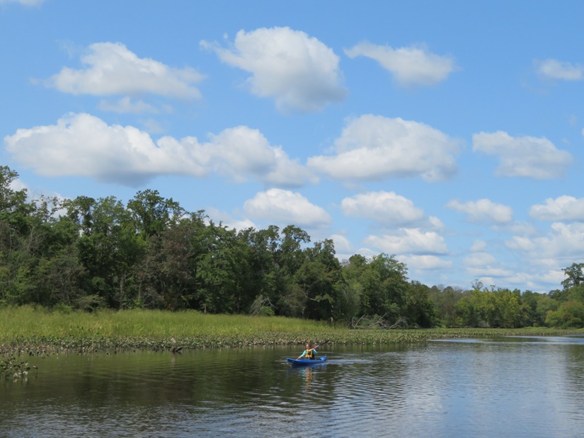 Norma kayaking with fluffy clouds behind