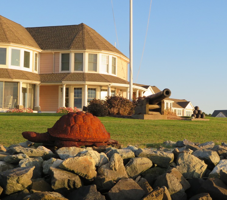 Turtle sculpture and cannon at expensive house