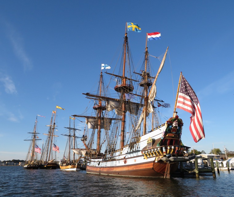 Rear port view of Kalmar Nyckel, showing the U.S. flag