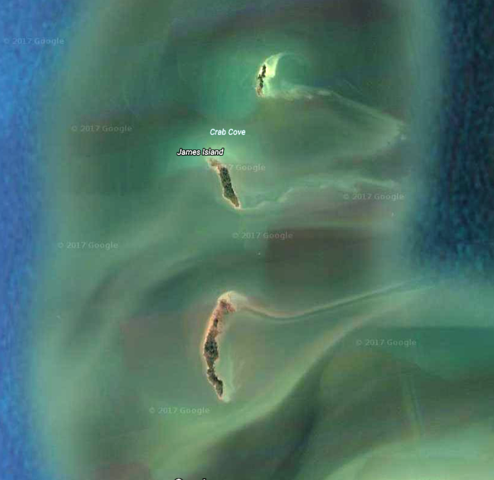 Satellite photo of three islands that comprise James Island